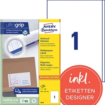 Obrázek AVERY Zweckform Univerzální etikety 3418 (100 lepicích etiket, 200 x 297 mm na A4, papír matný, potiskovatelné přepravní etikety, samolepicí nálepky zaslání s ultragrip, DHL) 100 listů, bílá