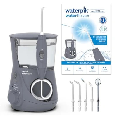 Obrázek Waterpik Pevně stojící ústní sprcha Ultra Professional Waterflosser se 7 nástavci, rozsah tlaku 0,7 bar lze regulovat pomocí 10 nastavení tlaku, integrovaný časovač, šedá (WP 667EU) balení 1 ks