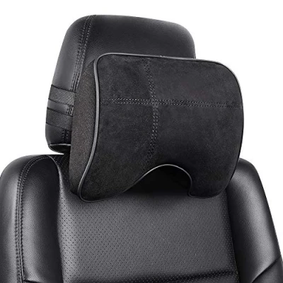 Obrázek EASY EAGLE Auto Nackenkissen aus Wildleder und Memory Schaum, mit Abnehmbarem Befestigungsgurt für Autositz, Schwarz, 1 Stück