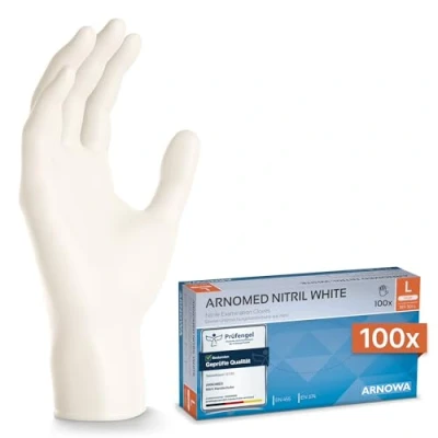 Obrázek ARNOMED nitrilové jednorázové rukavice 100 kusů/krabice, L, bílé, bez latexu, pudru, k dispozici ve vel. S, M, L a XL