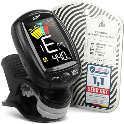 Obrázek BELFORT® TuneMax kompaktní Clip On Tuner pro všechny nástroje univerzální ladička na kytaru, ukulele, housle, basy, saz a chromatické (univerzální režim) + BONUS: eBook (příslušenství kytary)