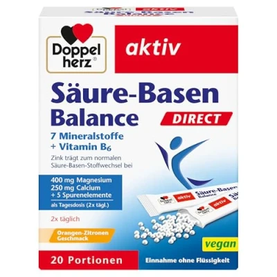 Obrázek Doppelherz Kyselé báze Balance DIRECT se 7 minerálními látkami a vitamínem B6 20 porcí mikropelet s příchutí pomeranč citrónu