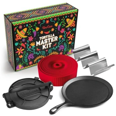 Obrázek Uno Casa Tortilla Master Kit lis na tortillu 20,3 cm s pánví Comal, 4 držáky Taco a ohřívače tortilly kompletní úterní sada Taco, rotis quesadily jedinečný dárek pro přátele