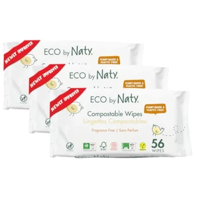 Obrázek Eco by Naty Vlhké ubrousky bez plastů neparfémované 100% kompostovatelné a rostlinné ubrousky, vhodné pro miminka citlivou pokožku novorozenců (3 x 56 168 kusů)