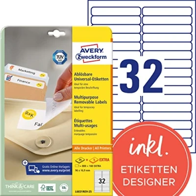 Obrázek AVERY Zweckform L6031REV 25 univerzální etikety (800 plus 160 samolepicích etiket extra, 96 x 16,9 mm na A4, opět beze zbytku odstranitelné/odstranitelné, potiskovatelné, samolepicí nálepky) 30 listů, bílá