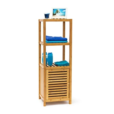 Obrázek Relaxdays Koupelnový regál bambus s 5 odkládacími plochami V x Š H 140 36,5 33 cm praktický dřevěný více úrovněmi a skříňový díl magnetickým uzávěrem úložným prostorem pro koupelnu