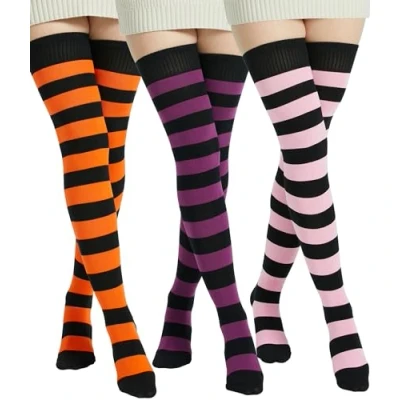 Obrázek BABAHU Extra lange Overknee Socken für Damen, Baumwolle, gestreift, ZZ 02 Lila/Orange/Pink, Einheitsgröße