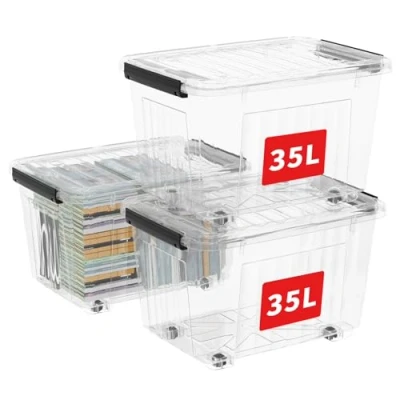 Obrázek Cetomo C5037 plastový úložný box průhledná nádoba s víkem kolečky, transparentní 35 l, sada 3 kusů