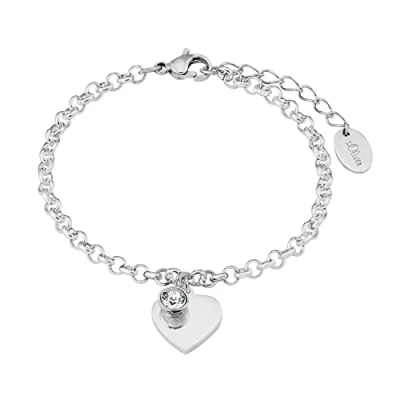Obrázek Dámský náramek s.Oliver s přívěskem ve tvaru srdce, na které lze vyhotovit rytinu, ušlechtilá ocel krystaly Swarovski, 17 + 3 cm, bílý, stříbrná