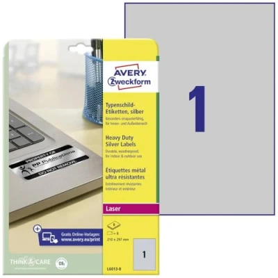 Obrázek AVERY Zweckform L6013 8 Typový štítek Fóliové etikety (8 nálepek, 210 x 297 mm na A4, silně samolepicí, odolné, odolné proti povětrnostním vlivům, potištěná lepicí fólie, blanko) listů, stříbrné