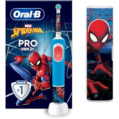 Obrázek Oral B elektrický zubní kartáček pro Kids Spiderman, kartáček, děti od 3 let, vč. režimu Sensitiv+ péči o zuby, extra měkké štětiny, 1 nasazovací cestovní pouzdro, 4