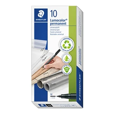 Obrázek STAEDTLER permanentní popisovač Lumocolor, černý, šířka linie cca 1,0 mm, odolný proti rozmazání a vodě, Made in Germany, plnitelný, dlouhá životnost, 10 černých univerzálních tužek v kartonovém