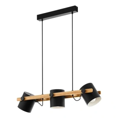 Obrázek EGLO závěsná lampa Hornwood, 3 plamenné vintage závěsné svítidlo v industriálním designu, retro z oceli a dřeva, barva černá, krémová, hnědá, certifikováno FSC, E27