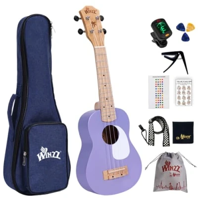 Obrázek Winzz dětská sopránová ukulele, ukulele pro dospělé, sada začátečníky, 21 palců, s 9 příslušenstvím, kytara malé 4 struny (barva: fialová, dřevo)