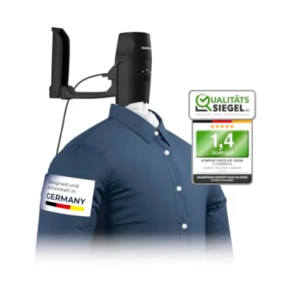 Obrázek CLEANmaxx automatická žehlička na košile PRO KOMPAKT praktická a skladná, nahrazuje žehličku parní žehličky s žehlicí pannou k zavěšení dveře &amp; co, černá