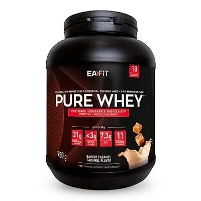 Obrázek Whey Protein prášek Karamel 750 g Premium syrovátkové proteiny pro růst svalů Isolate proteinový proteinové preparáty EAFIT made in France