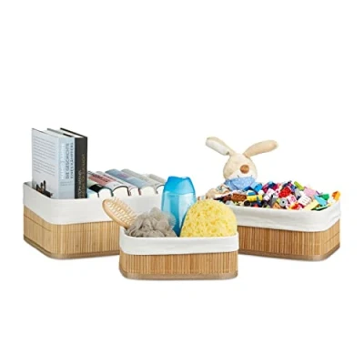 Obrázek Relaxdays Sada regálových košů oválný bambus, 3 kulaté úložné boxy 12,5 x 32 22 cm v š h na regál a skříň, přírodní