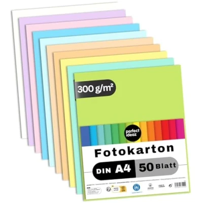 Obrázek perfect ideaz 50 listů fotokartonu DIN A4, 10 pastelových barev, 300 g/m², Made in Germany, certifikovaný modře anděl