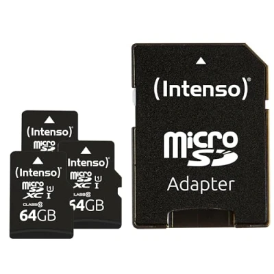 Obrázek Intenso Paměťová karta Premium microSDXC balení 3 ks 64 GB Class 10 UHS I vč. SD adaptéru, černá: Amazon.de: Počítače a příslušenství