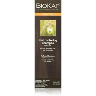 Obrázek BIOKAP Šampon pro barvené vlasy 200 ml s bio arganovým olejem vrbovou kůrou esenciální oleje z eukalyptu extrakt rozmarýnu VEGAN bez silikonů parabenů pokusů na zvířatech