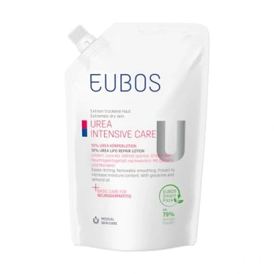 Obrázek EUBOS UREA INTENSIVE CARE, 10% tělové mléko doplňovací sáček, hydratační péče pro suchou, šupinatou pokožku, zmírňuje svědění, snášenlivost s pokožkou dermatologicky potvrzena, 400 ml