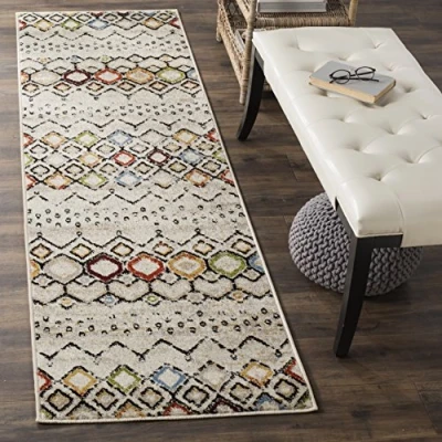 Obrázek SAFAVIEH Boho koberec do obývacího pokoje, jídelny, ložnice Amsterdam Collection, krátká předsíň, slonová kost a multi, 69 X 244 cm