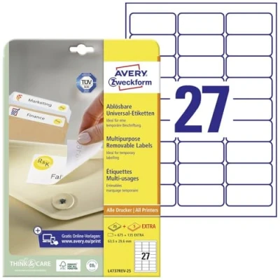 Obrázek AVERY Zweckform L4737REV 25 Univerzální etikety (675 plus 135 extra lepicích etiket, 63,5 x 29,6 mm na A4, opět beze zbytku odstranitelné/odstranitelné, potiskovatelné, samolepicí nálepky) 30 listů, bílá