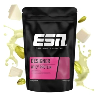 Obrázek ESN Designer Whey Protein prášek, White Chocolate Pistachio, 1 kg, až 23 g proteinu v každé porci, ideální pro růst a udržení svalů vyrobeno Německu