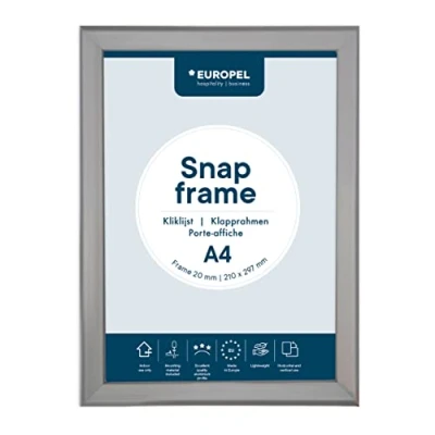 Obrázek EUROPEL Skládací rám A4 s hliníkovým profilem 20 mm odklápěcí plakátový se pokosovým rohem napínací pro mj. plakáty, certifikáty, fotografie a reklamní materiály stříbrný