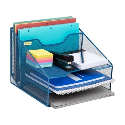 Obrázek Mind Reader Organizér na psací stůl, vertikální držák spisy, odkládací plochy papír, kancelář, kovová mřížka, délka 31,8 cm x 29,2 Š 24,1 V, tyrkysová
