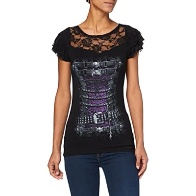 Obrázek Spiral Dámské Waisted Corset Lace Layered Cap Sleeve Top Black tričko, černá