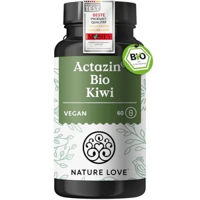 Obrázek NATURE LOVE® bio kiwi střevní kúra 60 kapslí 25000 AE Actinidain v denní dávce ACTAZIN® prášek syrové kvalitě certifikovaný, veganský, bez zbytečných přísad a laboratorně testován