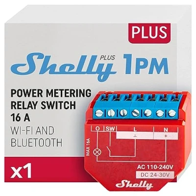 Obrázek Shelly Plus 1PM Vypínač relé WLAN a Bluetooth s měřením proudu 16 ovládání světla funguje Alexa Google Home Aplikace iOS Android Není nutný rozbočovač