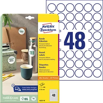 Obrázek AVERY Zweckform 6223 10 kulatých etiket (480 lepicích bodů, Ø 30 mm na A4, kulaté nálepky k potisku, samolepicí etikety výrobky, permanentně přilnavé marmelády) listů, bílá