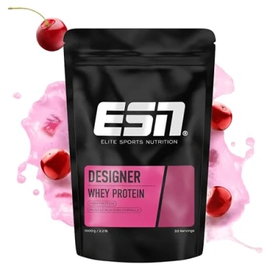 Obrázek ESN Designer Whey Protein prášek, Cherry Yogurt, 1 kg, až 23 g proteinu na porci, ideální pro růst a udržení svalů, testovaná kvalita vyrobeno v Německu