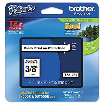 Obrázek Brother TZe S221 P touch popisovací páska (extra silně lepicí, 9 mm široká a 8 m dlouhá, laminovaná, vhodná mimo jiné pro PT H105, E100/VP, D200/BW/VP, D210/VP) černá na bílé