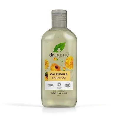Obrázek Dr Organic Šampon s měsíčkami, bez vonných látek, citlivý, přírodní, veganský, pokusů na zvířatech, parabenů a SLS, recyklovatelný z plastu vázaného v moři, recyklovaný, certifikovaný bio