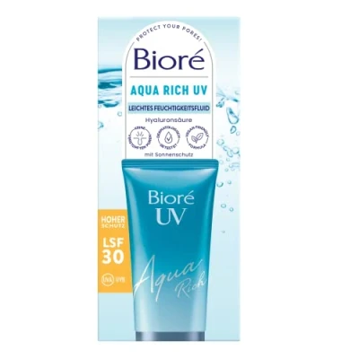 Obrázek Biore Aqua Rich UV Lehký hydratační krém na obličej Ochrana proti slunci Ochranný faktor LSF 30 UVA/UVB Funguje pod make up Nemastí