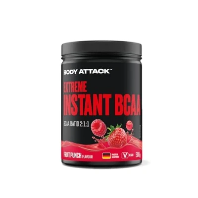 Obrázek Body attack Extreme Instant BCAA 500 g Fruit Punch Made in Germany dobře rozpustný, veganský prášek v poměru 2:1:1 bez cukru pro intenzivní trénink s L leucinem