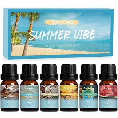Obrázek SALKING Sada letních éterických olejů, 6x10 ml 100% vonný olej pro aromaterapie difuzér, zvlhčovač vzduchu, masáž, kokos, ananas, vodní meloun, mořský brizf, mojito, vanilková zmrzlina