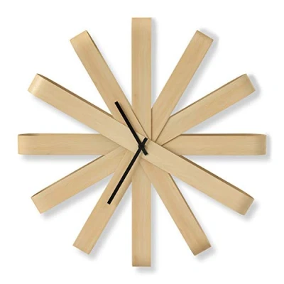 Obrázek Umbra nástěnné hodiny Ribbonwood, tiché quartzové ze zakřiveného bukového dřeva do kuchyně, kanceláře, ložnice a další, přírodní, 46 X 9,5