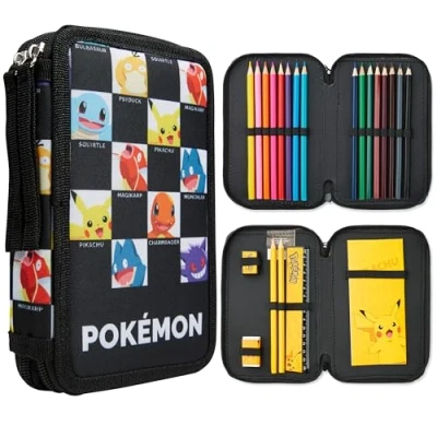 Obrázek Pokemon penál velký, naplněný pro chlapce se sadou psacích potřeb Pikachu dárky děti, vícebarevné, Jednotná velikost, Pokémon postavy AOP