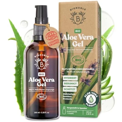 Obrázek Bionoble Aloe Vera Gel BIO 100 ml Pures dužina 100% čistá s éterickým levandulovým olejem bez prášku, xantanu obličeje, oční partie, tělo, vlasy skleněná láhev + pumpička