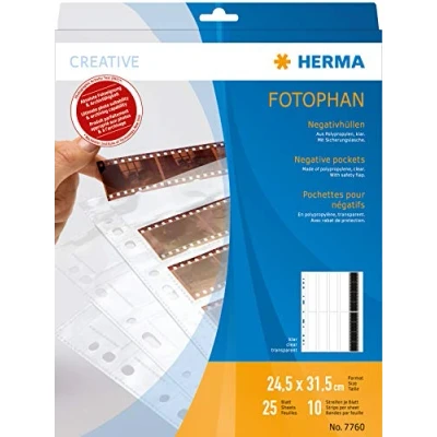 Obrázek HERMA 7760 negativních obalů 35 mm pro pořadač, 25 kusů po 10 proužcích malých obrázcích 4 obrázcích, negativní archivační obaly na negativy s euroděrováním a bezpečnostní klapkou,