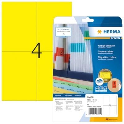 Obrázek HERMA 4561 barevných etiket žlutě odstranitelných, 20 listů, 105 x 148 mm, 4 na arch A4, 80 kusů, samolepicí, potisknutelné, matné, prázdné papírové barevné etikety nálepky