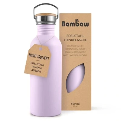 Obrázek Bambaw Trinkflasche 500ml Edelstahl, Nicht isolierte Lila, Ohne BPA, Metallflasche Kinder Fliederlila