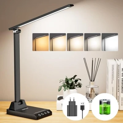 Obrázek TOPPLEE stolní lampa LED stmívatelná lampa, bezdrátová, s dobíjecí baterií 2000 mAh, 5 barev a 10 stupňů jasu, USB nabíjecí přípojka, kancelářská pro děti do kanceláře, černá