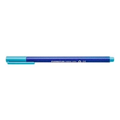 Obrázek STAEDTLER Fixy triplus color, světle modrá, trojhranná, stabilní, hrot odolný proti dojmu, šířka linky cca 1 mm, vhodné pro děti, Made in Germany, 10 aquabblue fibre tip pens v kartonovém pouzdře, 323 30