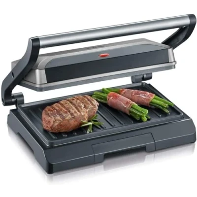 Obrázek SEVERIN Kontaktní gril na sendviče, steak a jako panini, sendvičovač s nepřilnavým povrchem pro grilování bez tuku, 800 W, metalická šedá/černá, KG 2394