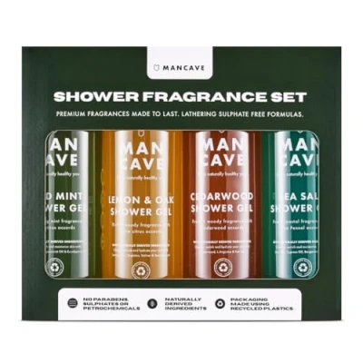Obrázek ManCave Duschgel Männer, 4 x 500 ml Natürliches Sulfatfreies Herren Wilde Minze, Zitrone &amp; Eiche, Zedernholz und Meersalz, Vegan, Tierversuchsfrei Hergestellt in GB, Geschenkset Männer